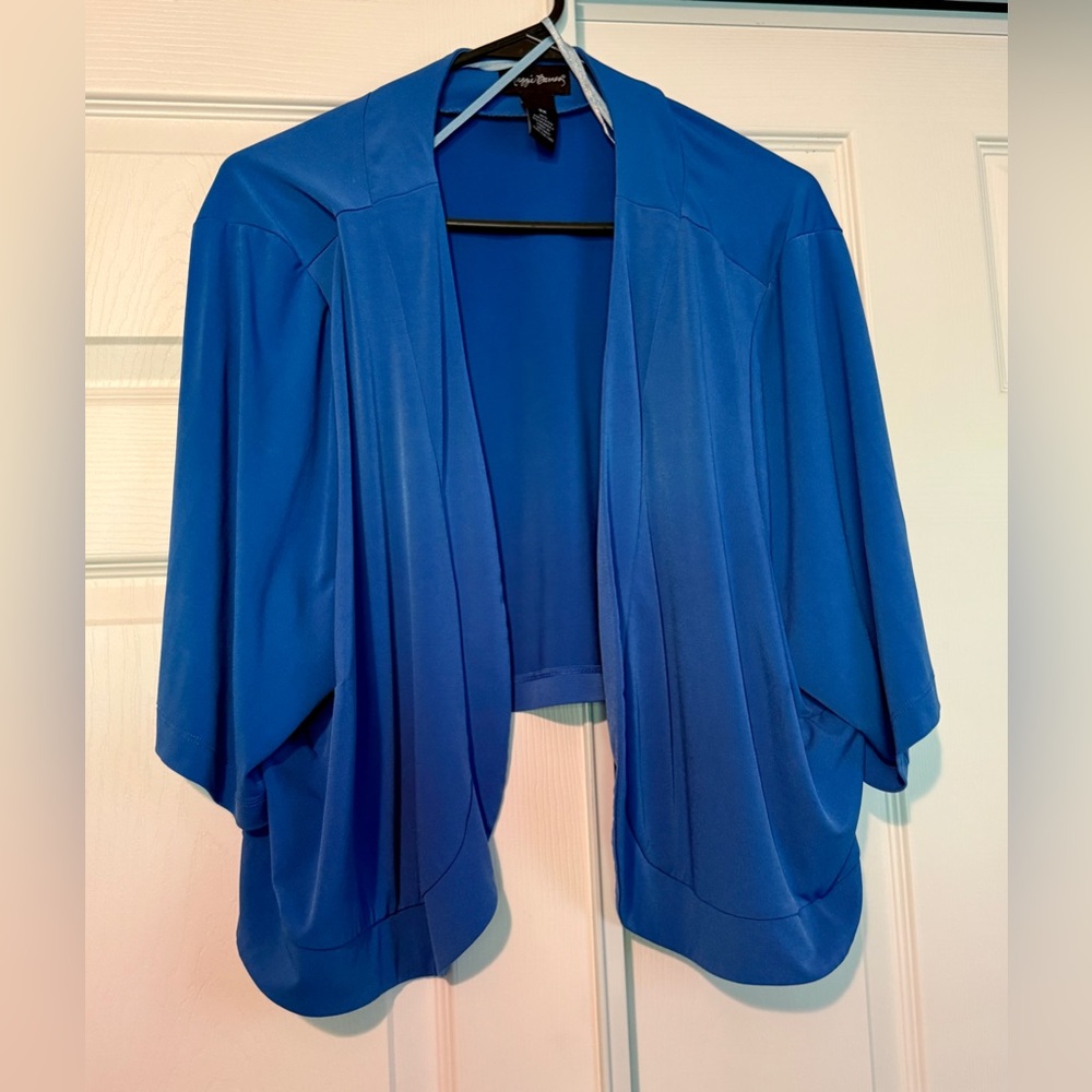 Maggie Barnes Open Cardigan Blue Sz 3X Short Length Short Sleeve Polyester Blend